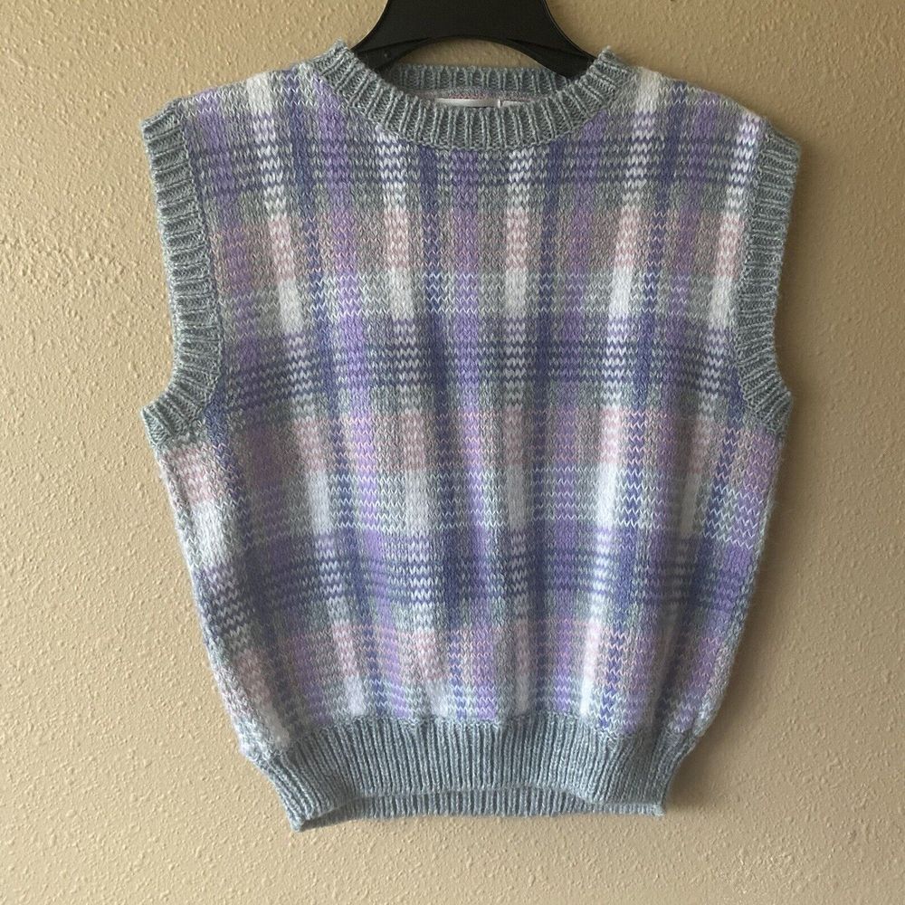 Preppy Pullover Plaid Purple Pink and Grey Checked Knit Vest Size: L Grandmacore